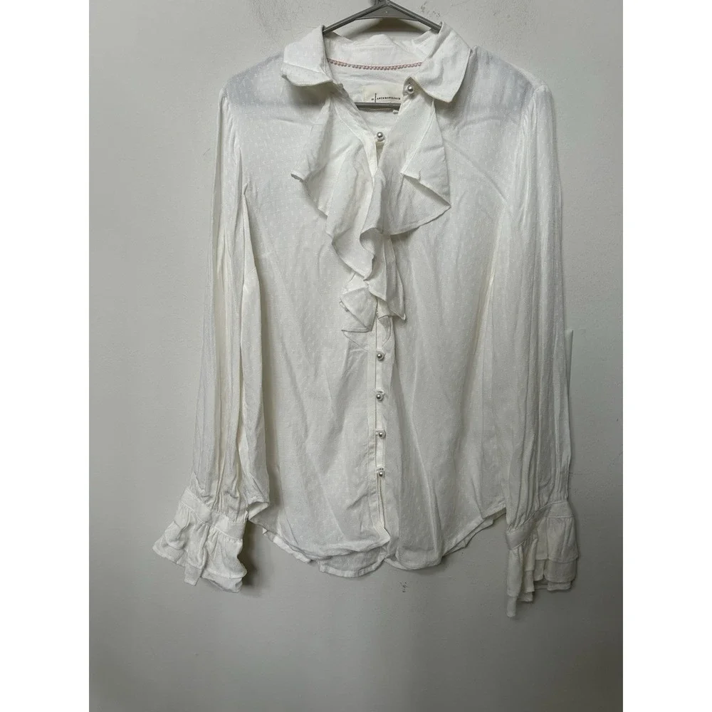 Anthropologie M White Ruffle Blouse Pearl Button Coquette Cottagecore Top Chic